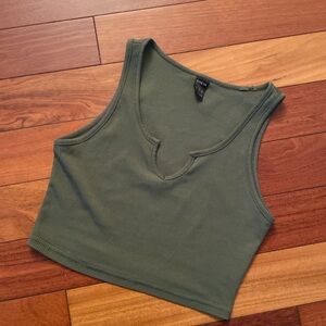 Green Ribbed Tank Top size x Small Cropped Boho Cut Out Stretchy